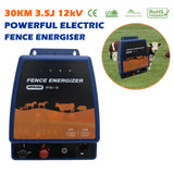 30KM 3.5J Electric Fence Energiser Energizer IPX6 12V Battery 220-240V Adaptor