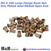 M4 X 100 Nutserts Rivet Nuts Flange Blind Rivnuts Zinc Plated Steel Nut Nutsert