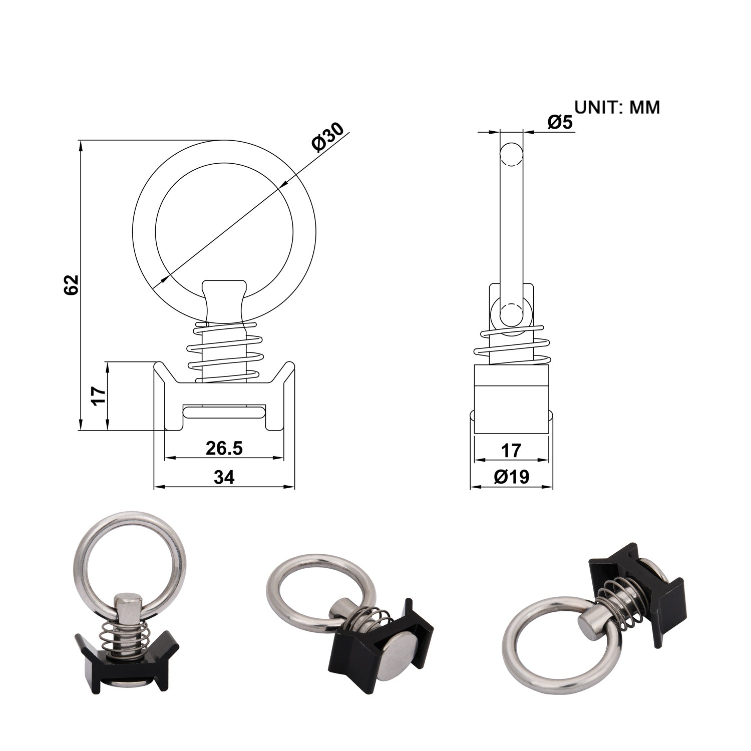 8x Anchor Track L Track Fitting Rings-#304 Stainless Steel (Stud-Ring -Spring)