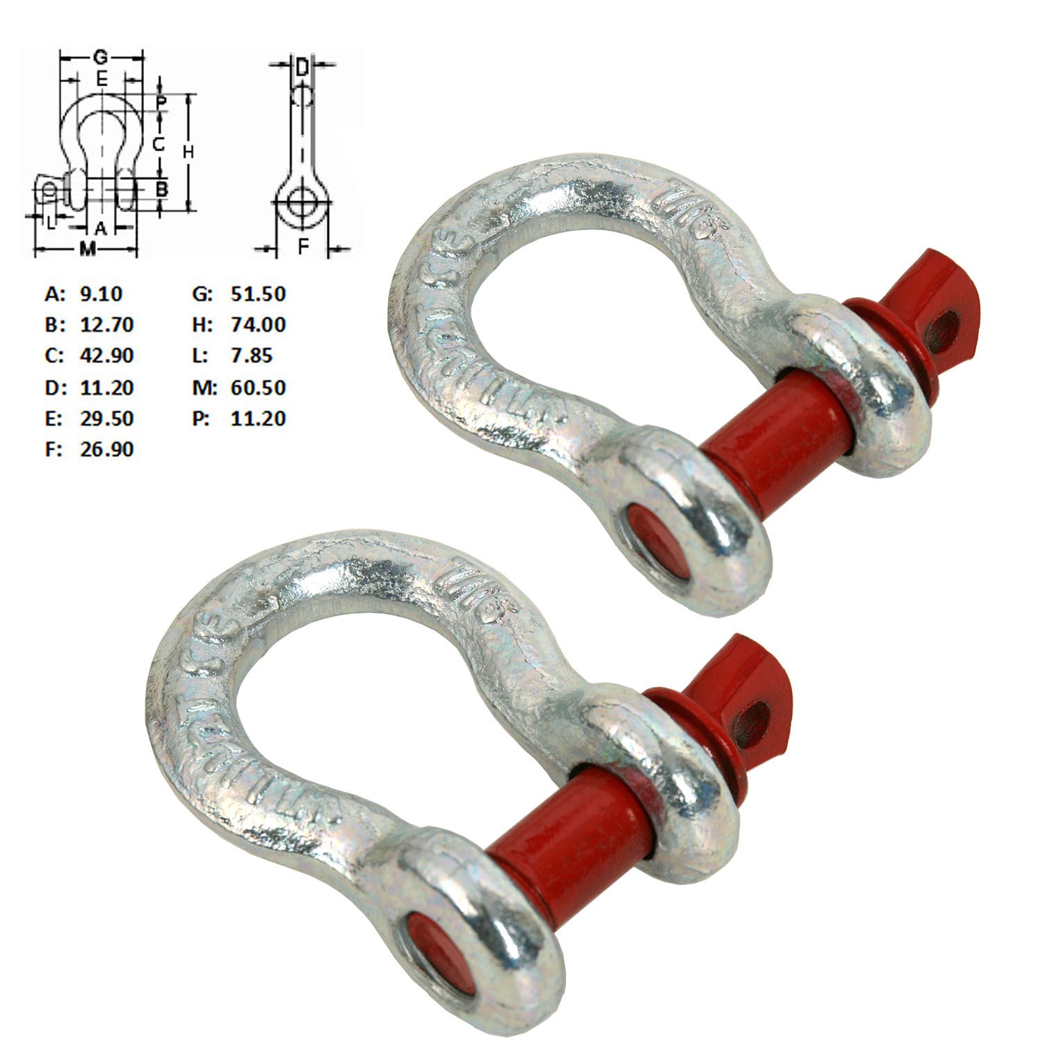 2 x Bow Shackles WLL 1.5T Rated 11mm 4WD Recovery Tow Car Trailer Red