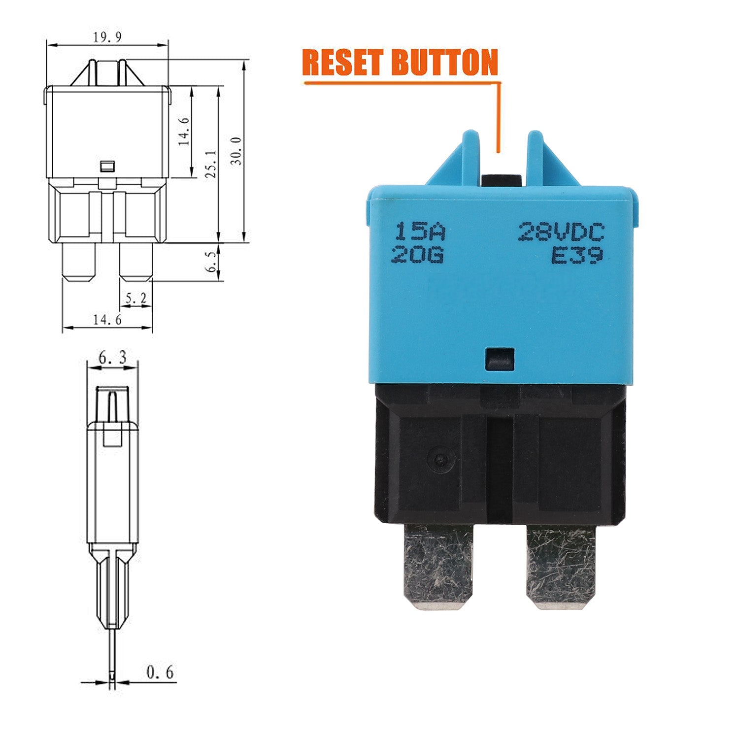 15A AMP 12V Circuit Breaker Replaces STD Blade Fuse Manual Reset