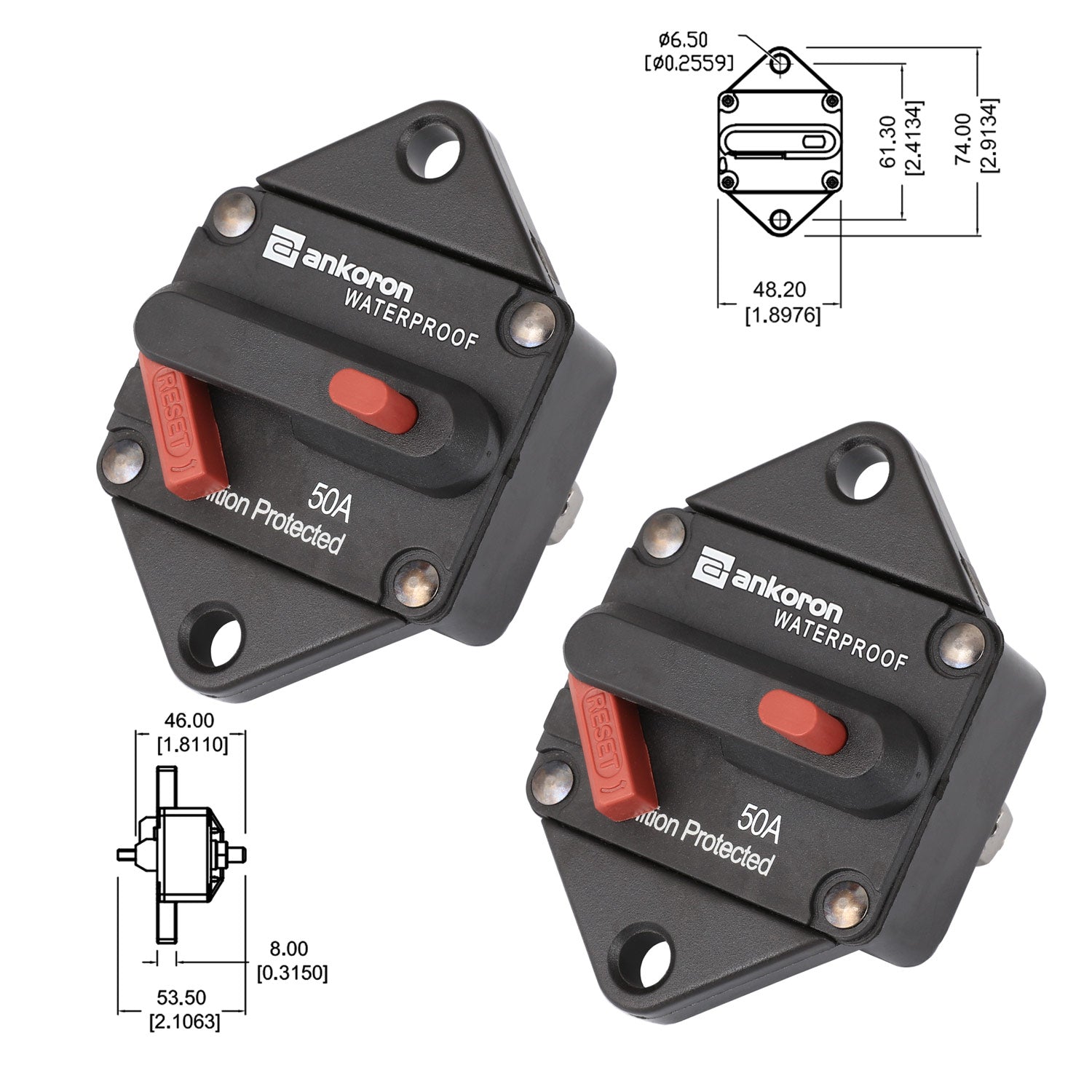 2x50A AMP Marine Circuit Breaker IP67 Waterproof 12V 24V Panel Mount Reset