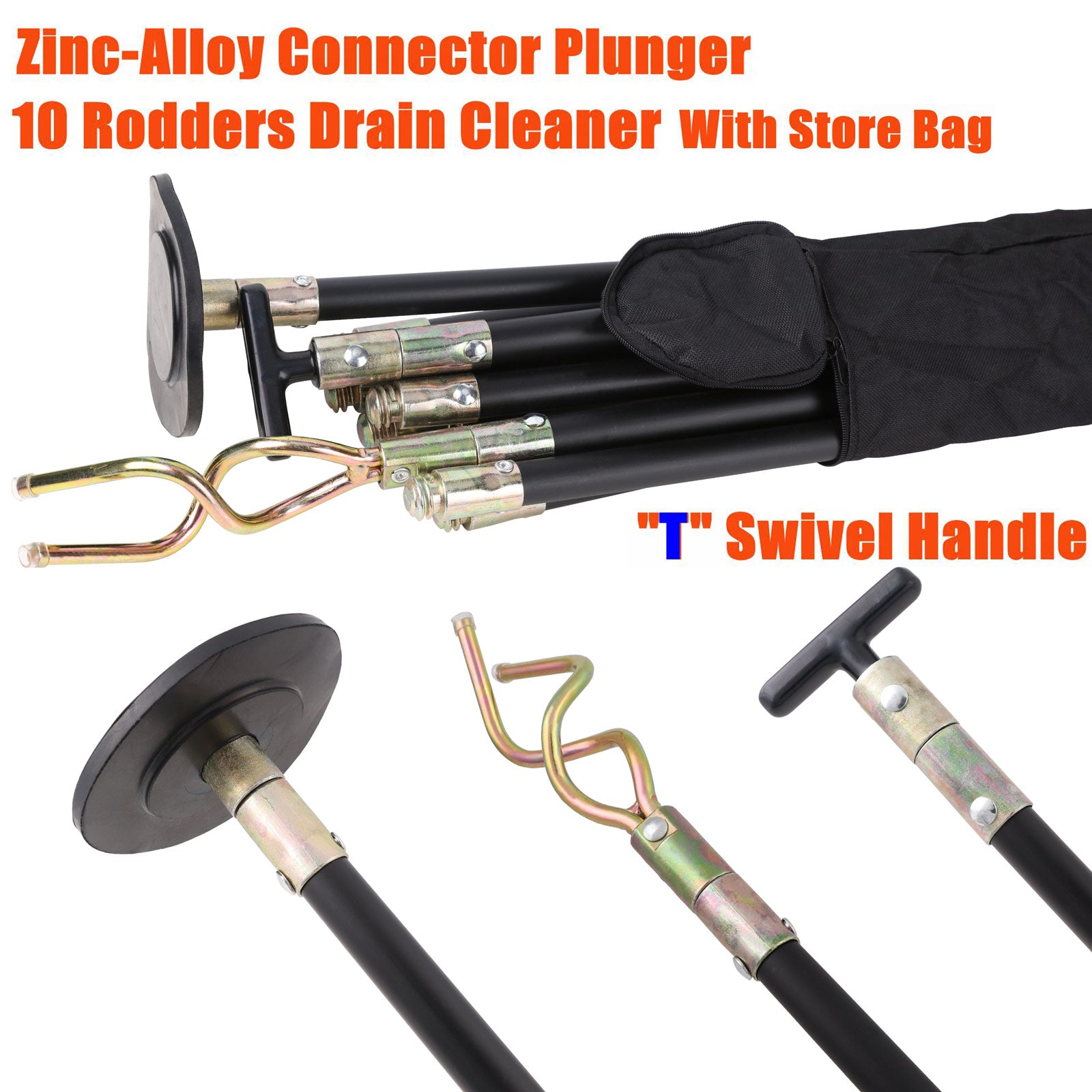 Drain Cleaner Cleaners 10 Rod Carry Bag T Swivel Handle Zinc Alloy Plunger