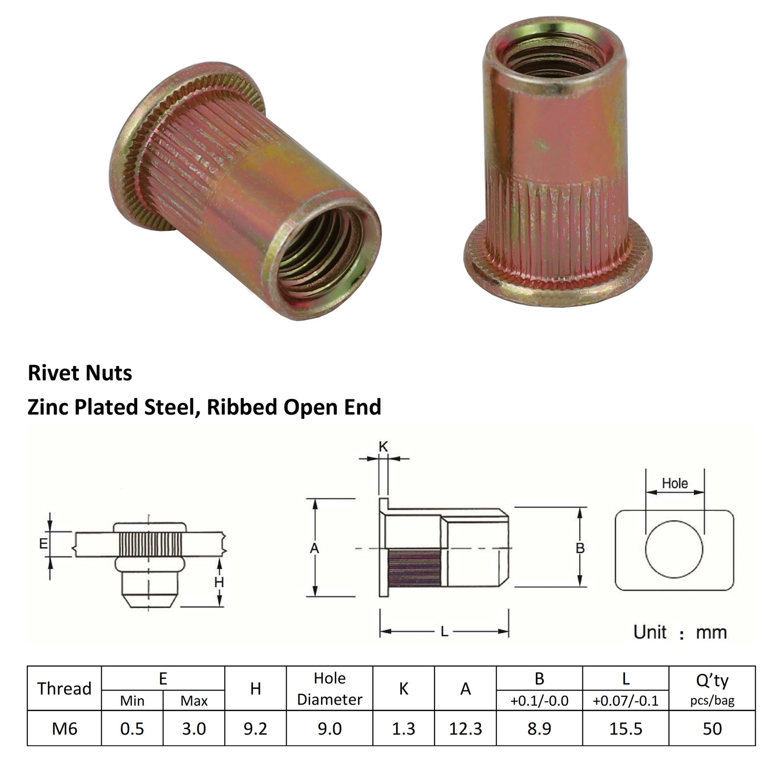 M6 X 100 Nutserts Rivet Nuts Flange Blind Rivnuts Zinc Plated Steel Nut Nutsert