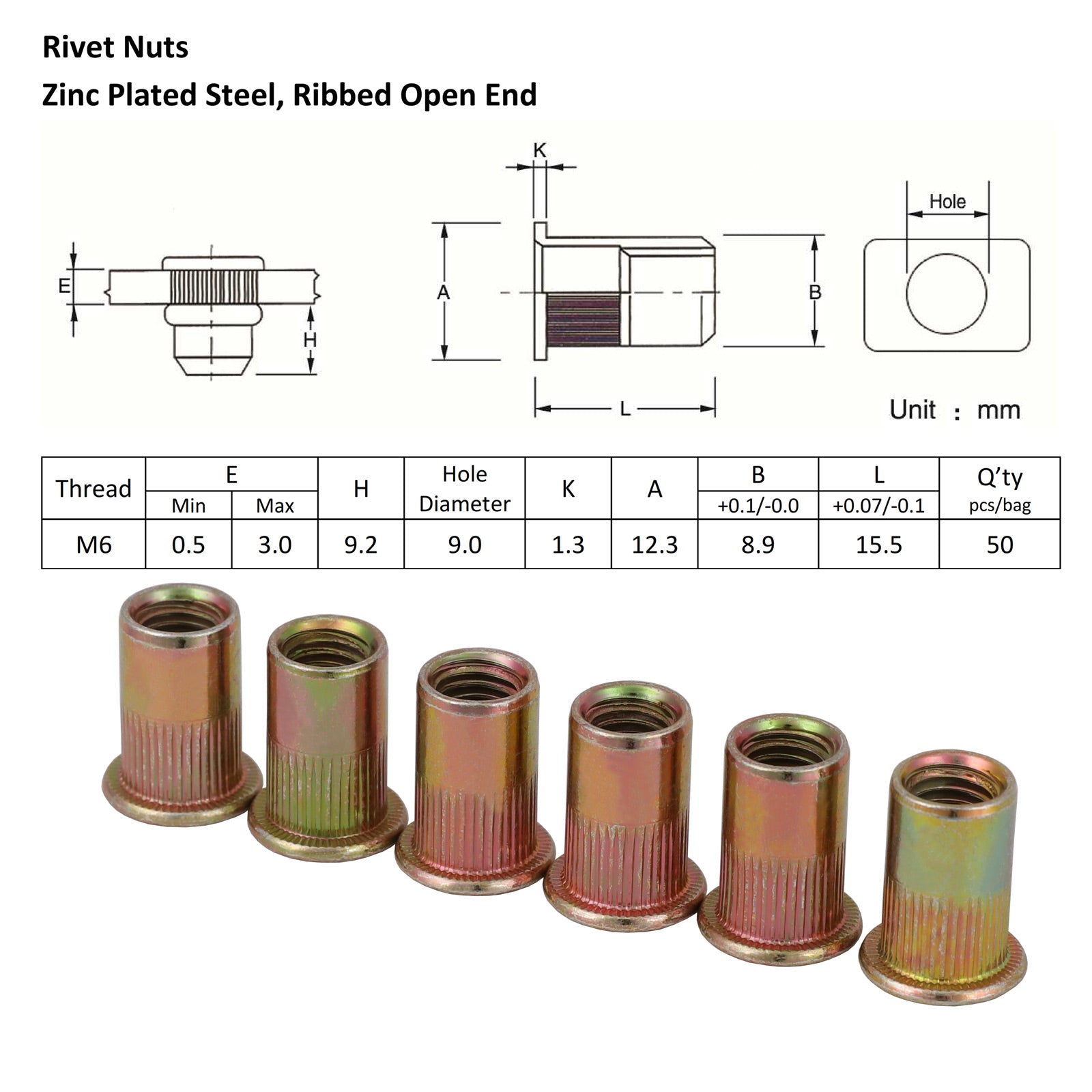 M6 X 100 Nutserts Rivet Nuts Flange Blind Rivnuts Zinc Plated Steel Nut Nutsert