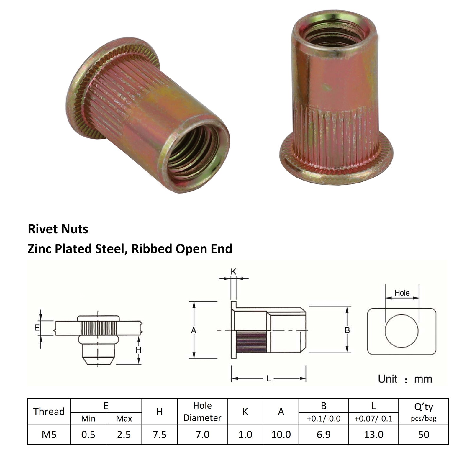 M5 X 100 Nutserts Rivet Nuts Flange Blind Rivnuts Zinc Plated Steel Nut Nutsert