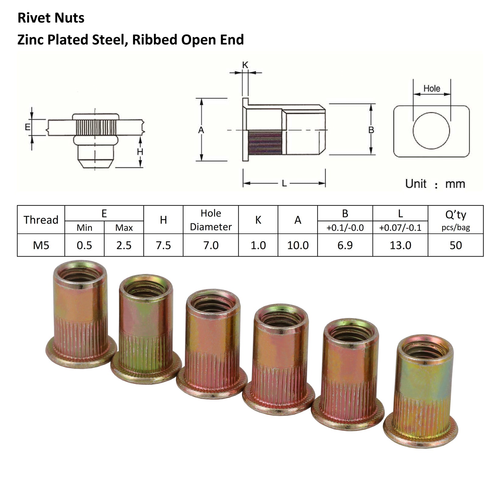 M5 X 100 Nutserts Rivet Nuts Flange Blind Rivnuts Zinc Plated Steel Nut Nutsert