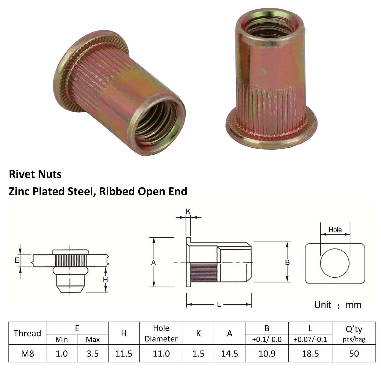 M8 X 50 Nutserts Rivet Nuts Flange Blind Rivnuts Zinc Plated Steel Nut Nutsert