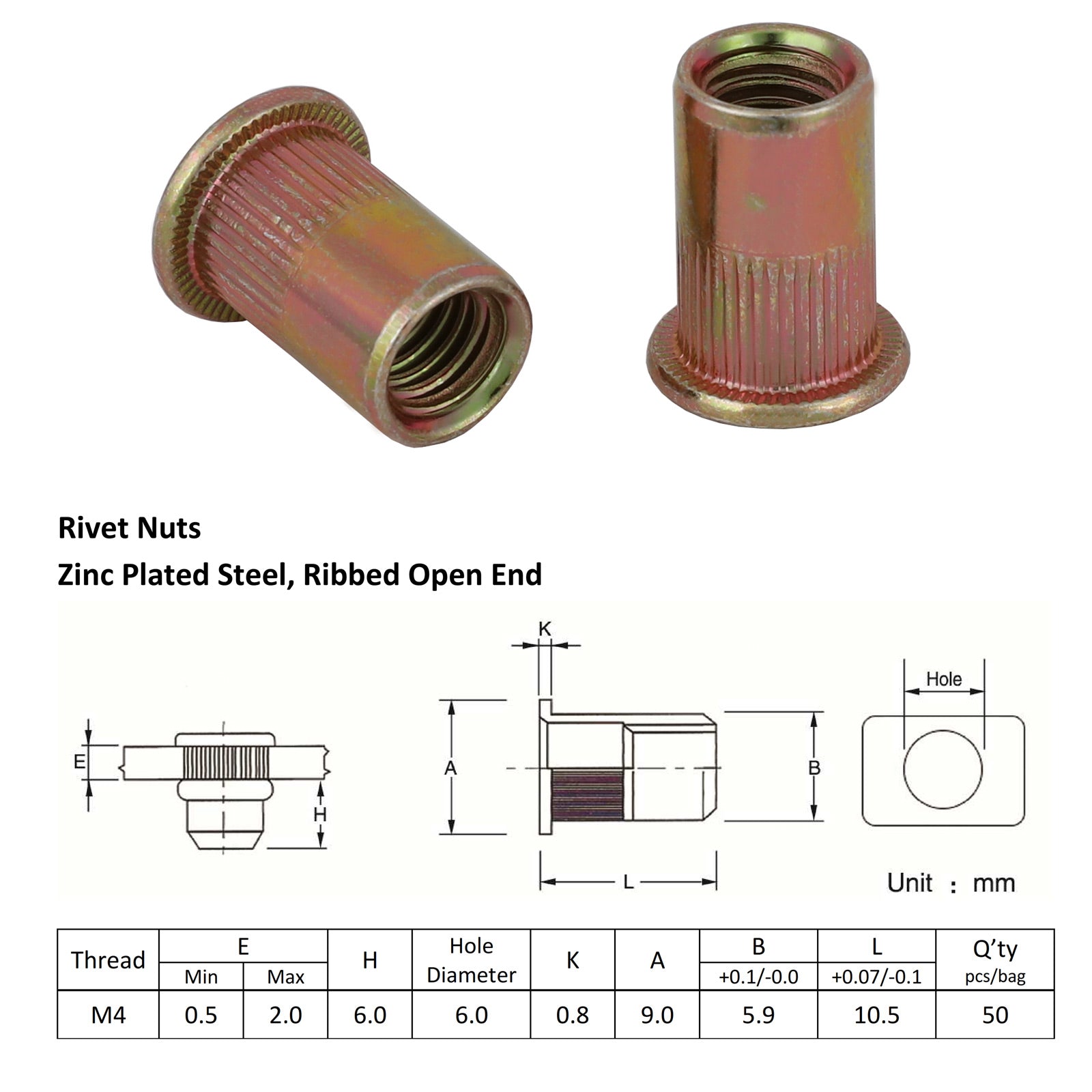 M4 X 100 Nutserts Rivet Nuts Flange Blind Rivnuts Zinc Plated Steel Nut Nutsert