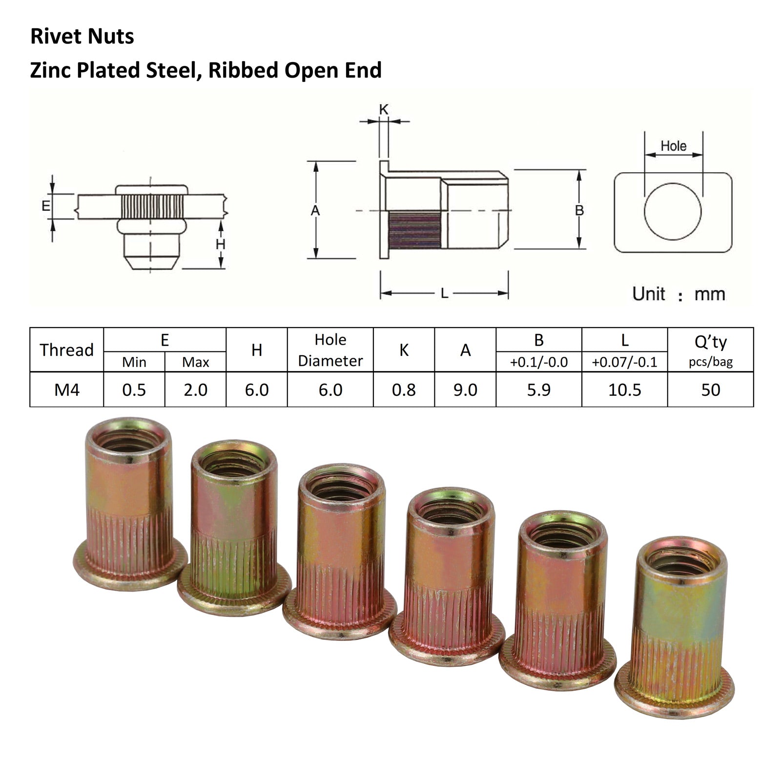 M4 X 100 Nutserts Rivet Nuts Flange Blind Rivnuts Zinc Plated Steel Nut Nutsert