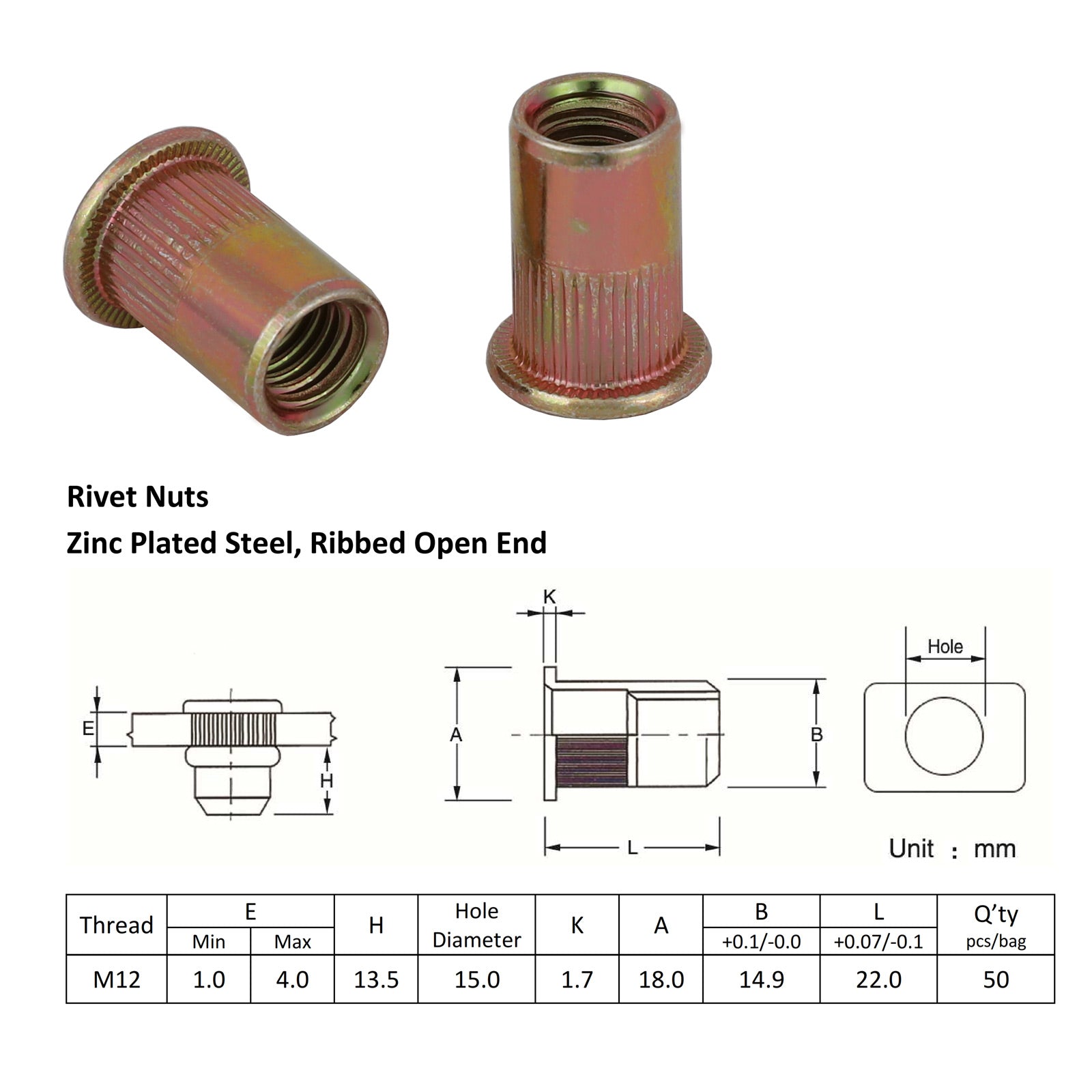 M12 X 50 Nutserts Rivet Nuts Flange Blind Rivnuts Zinc Plated Steel Nut Nutsert