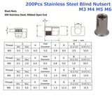 200Pcs Nutserts Rivet Nuts Flange Blind Rivnuts Stainless Steel M3 M4 M5 M6