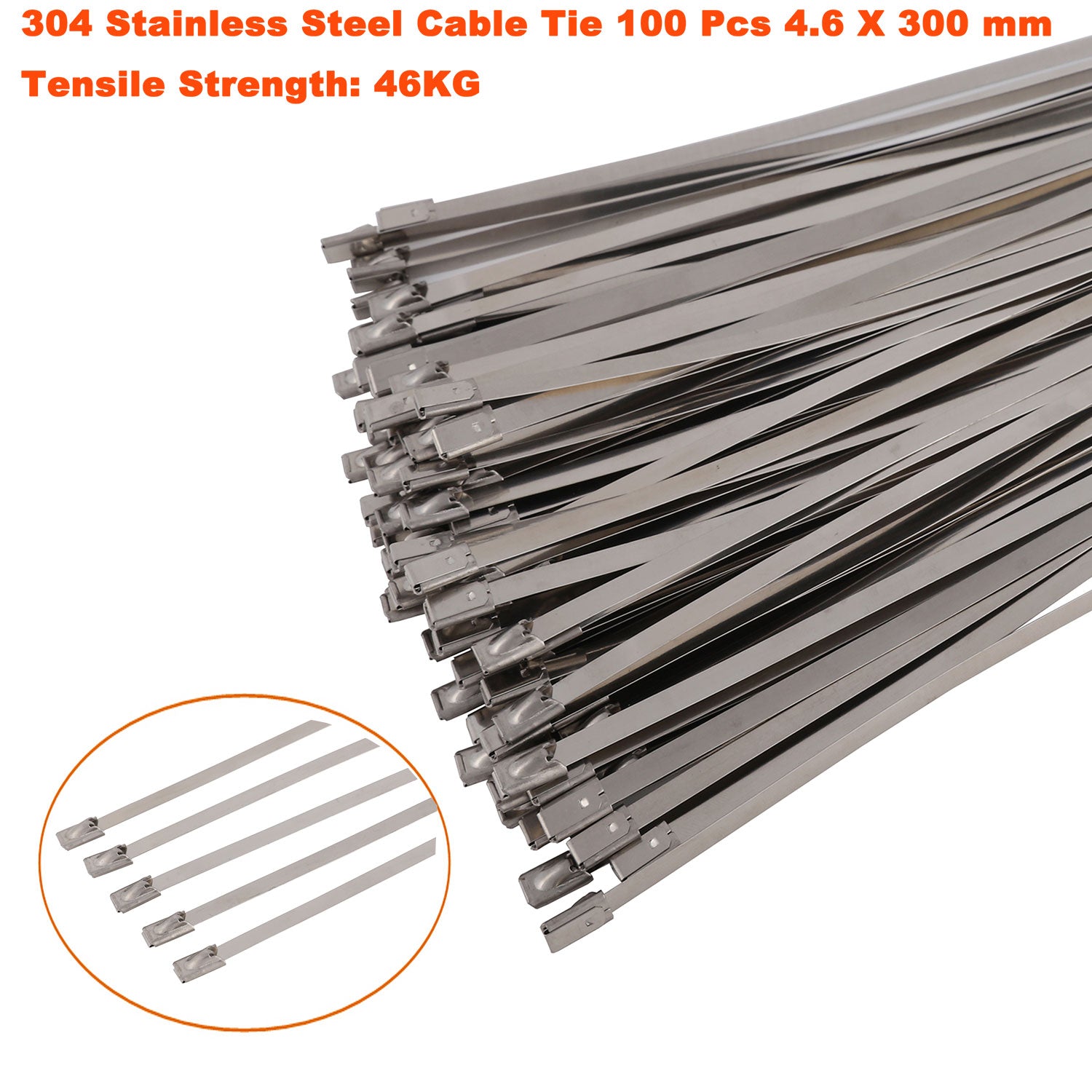 100 PCS 4.6mm X 300mm 304 Marine Grade Stainless Steel Cable Ties Zip