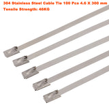 100 PCS 4.6mm X 300mm 304 Marine Grade Stainless Steel Cable Ties Zip