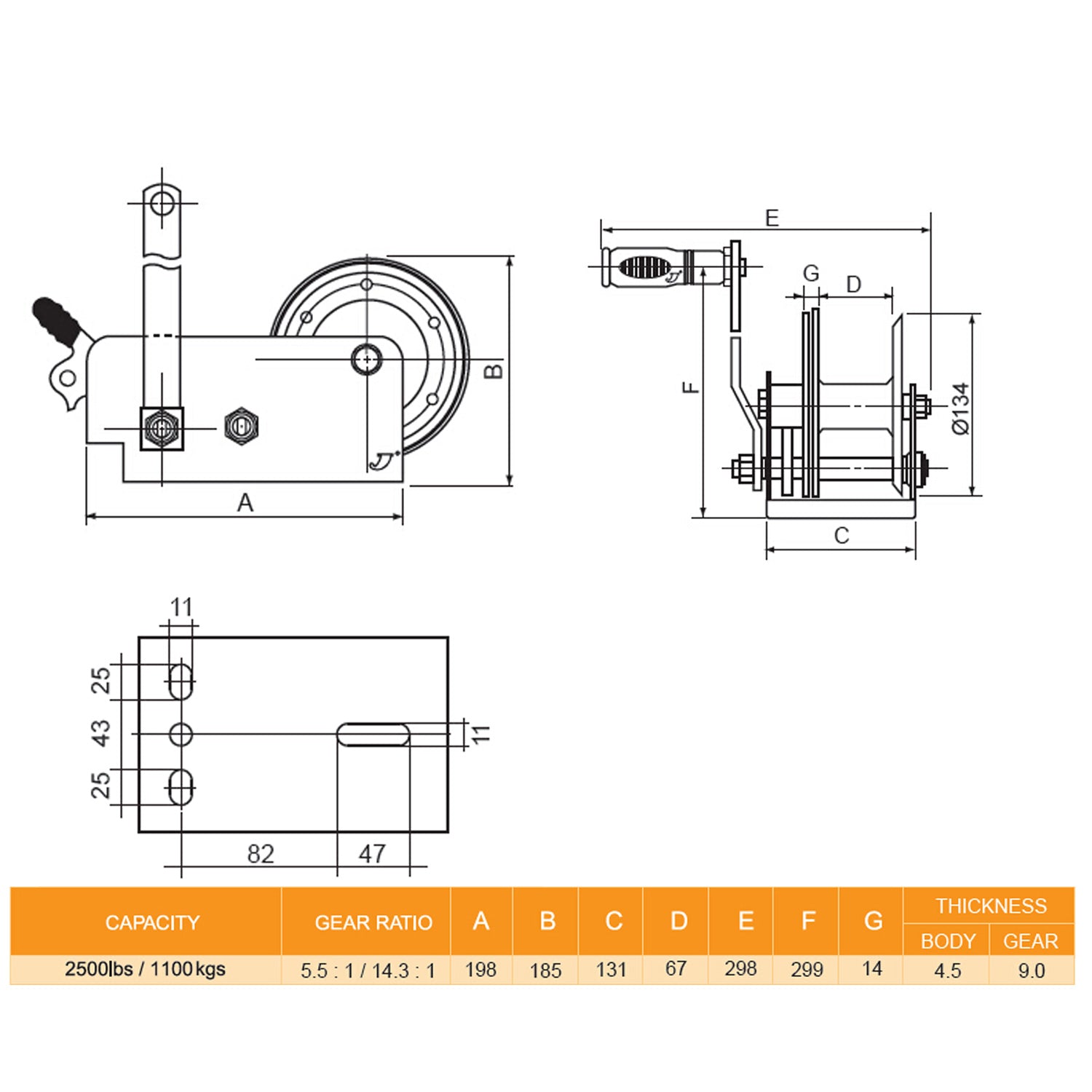 2500 LBS TAIWAN MADE PROFESSIONAL HAND WINCH SNAP ON HANDLE HAND BREAK