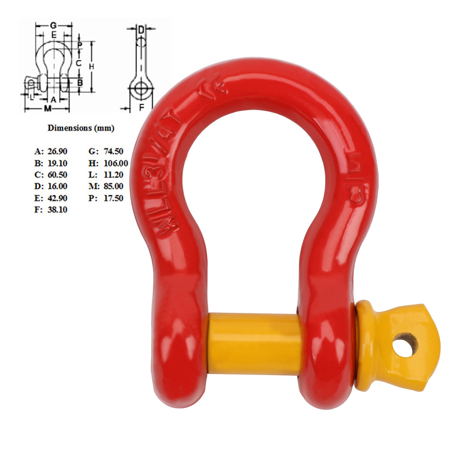 2 x Bow Shackle WLL 3.25 Ton Rated 16mm 4WD Recovery Tow Car Trailer Red