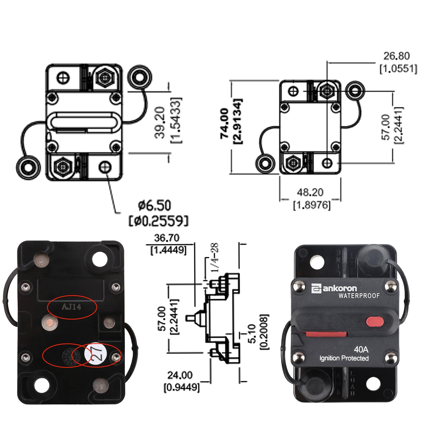 2x40A AMP Circuit Breaker Dual Battery IP67 Waterproof 12V 24V Fuse Manual Reset