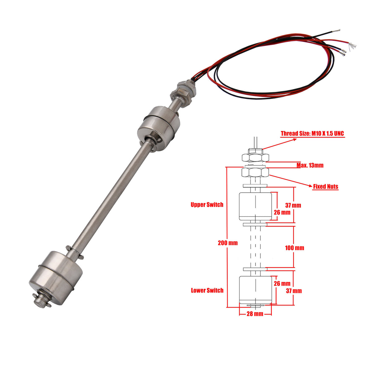 100-300mm Float Switch Sensor Dual Single Vertical Stainless Liquid  Water level