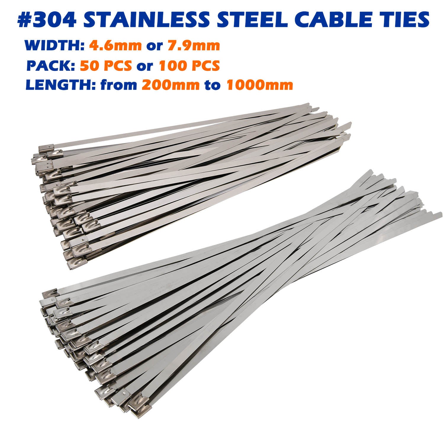 Marine Grade 304 Stainless Steel Cable Ties W: 4.6mm 7.9mm  L: 200mm to 1000mm