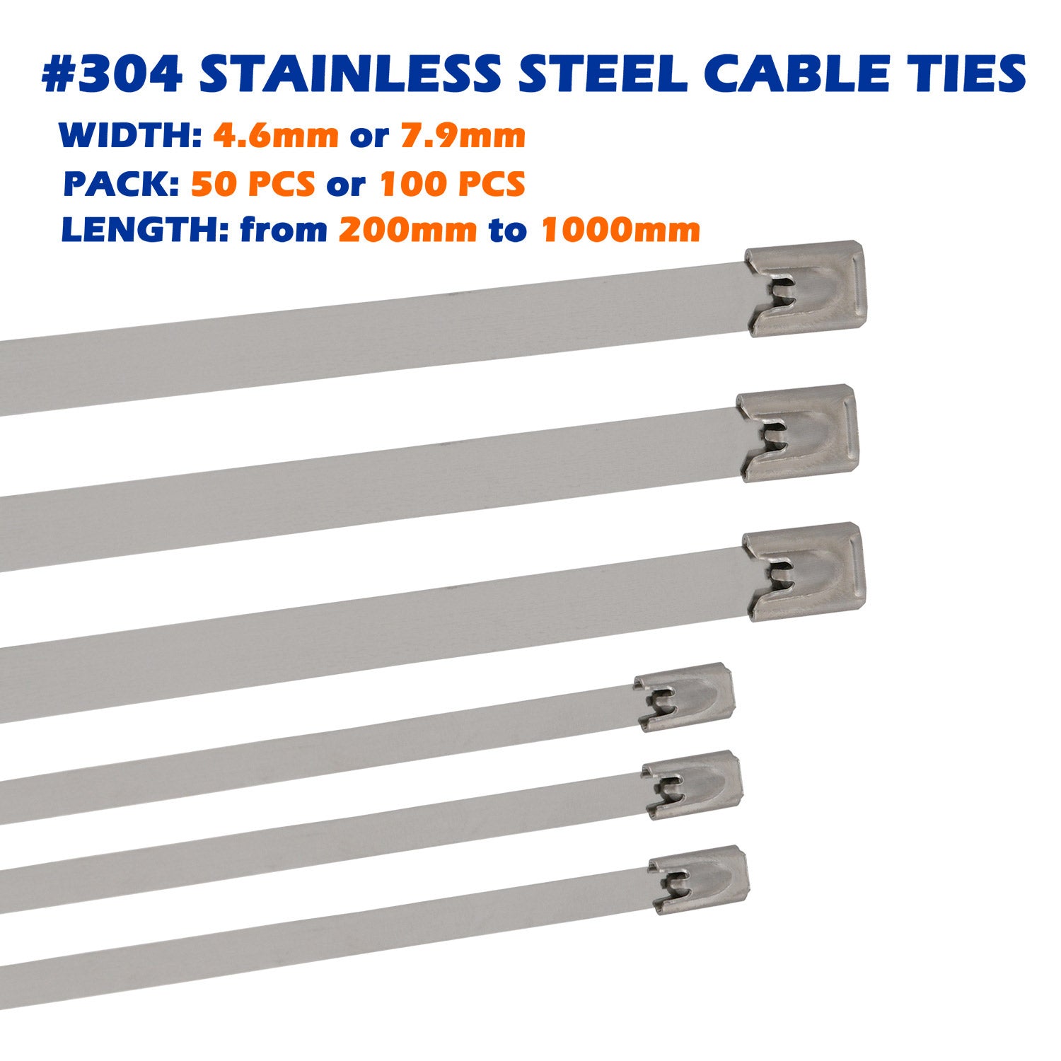 Marine Grade 304 Stainless Steel Cable Ties W: 4.6mm 7.9mm  L: 200mm to 1000mm