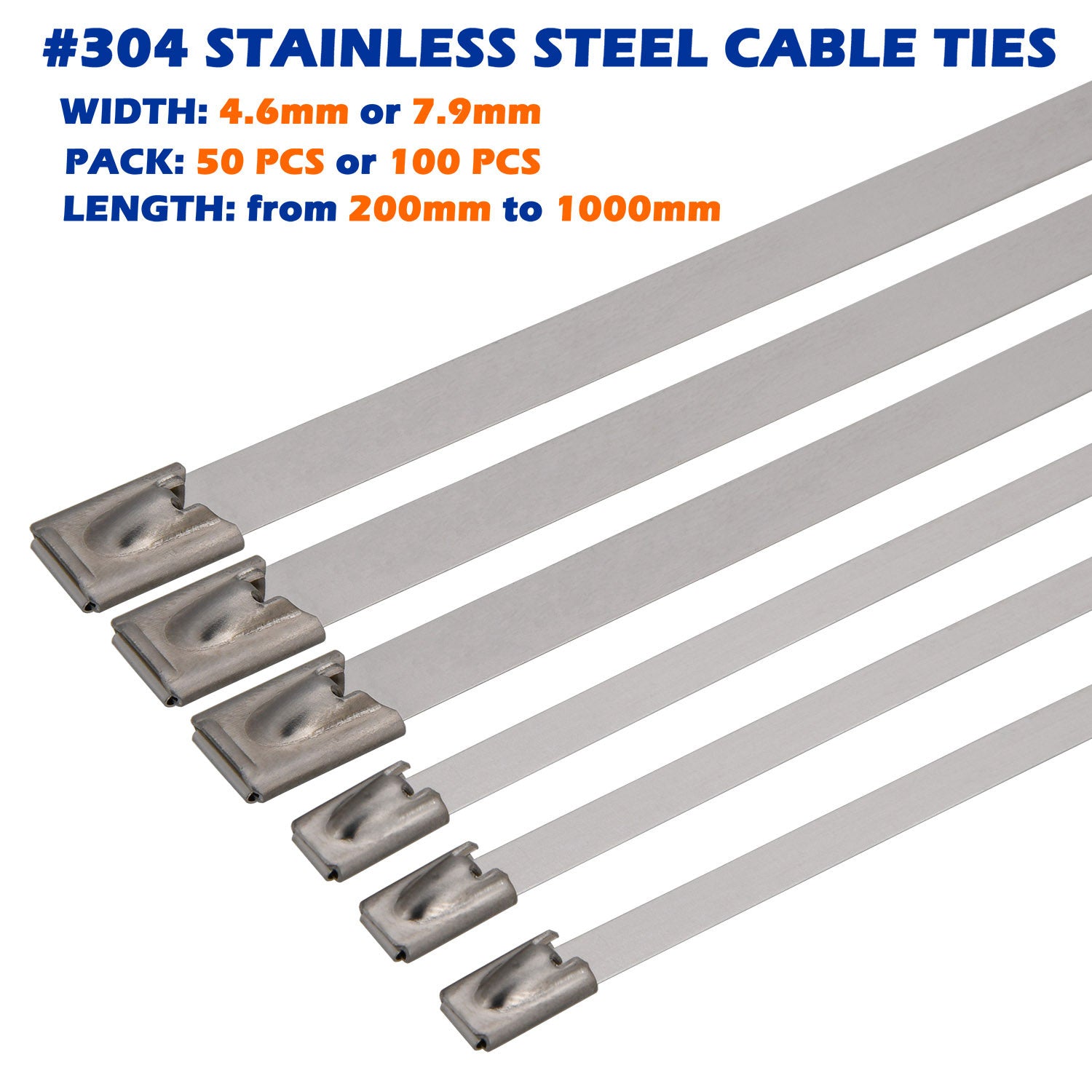 Marine Grade 304 Stainless Steel Cable Ties W: 4.6mm 7.9mm  L: 200mm to 1000mm