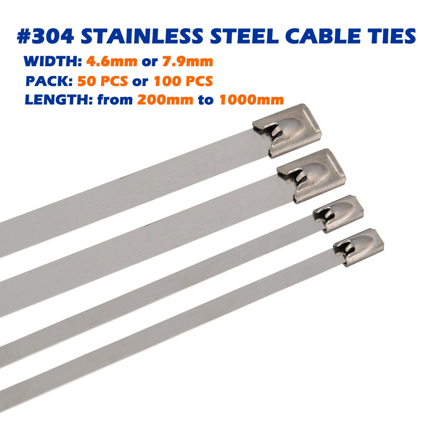 Marine Grade 304 Stainless Steel Cable Ties W: 4.6mm 7.9mm  L: 200mm to 1000mm