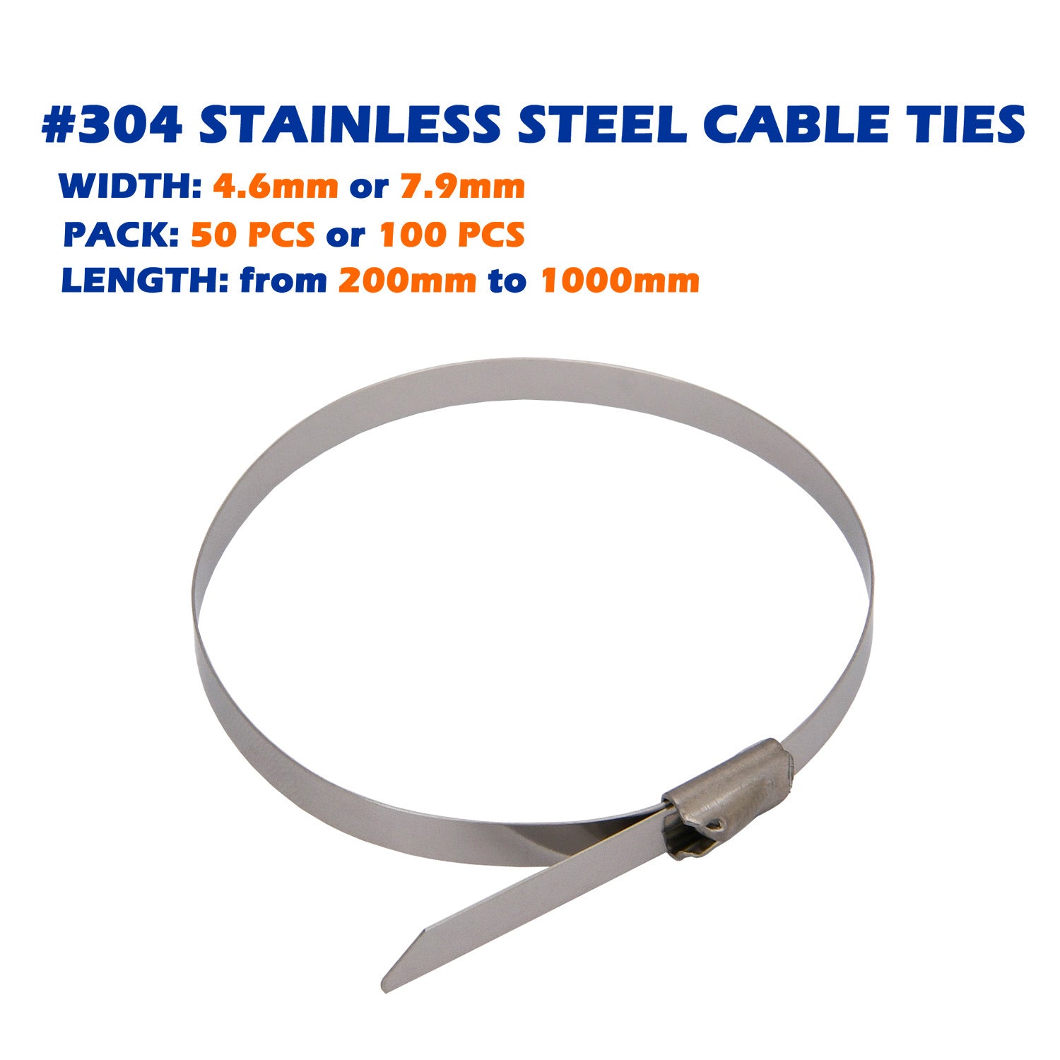 Marine Grade 304 Stainless Steel Cable Ties W: 4.6mm 7.9mm  L: 200mm to 1000mm