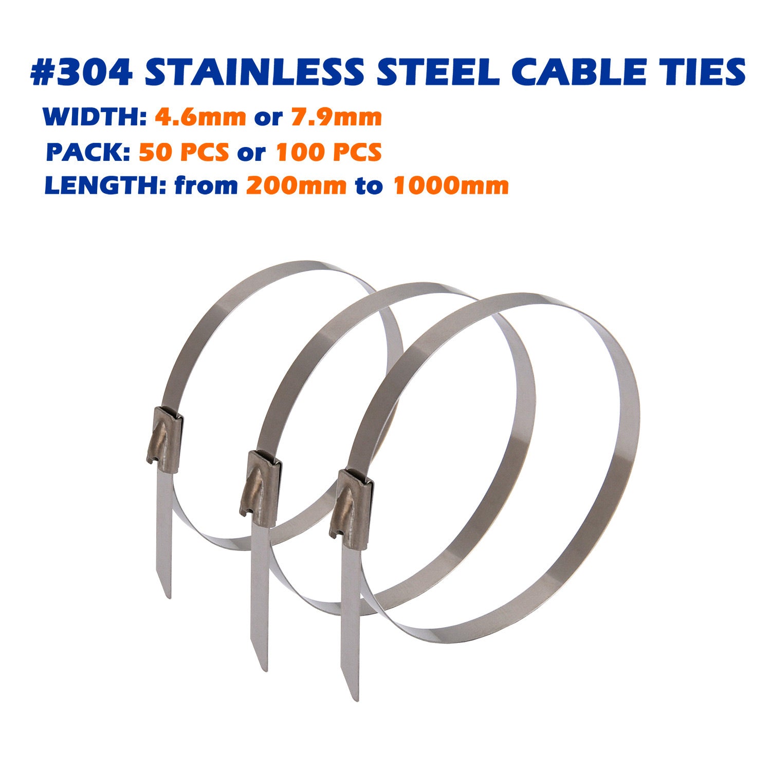 Marine Grade 304 Stainless Steel Cable Ties W: 4.6mm 7.9mm  L: 200mm to 1000mm