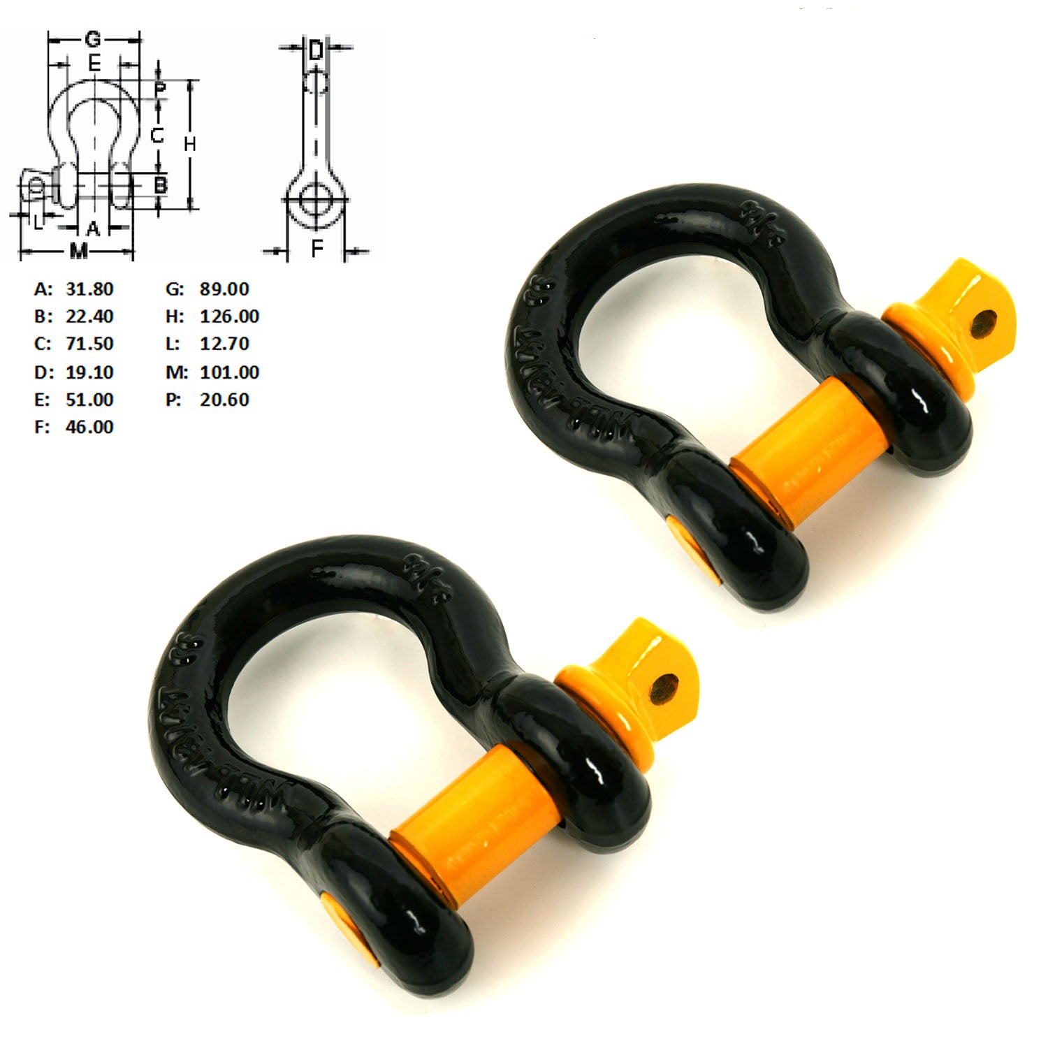 2 x Bow Shackles WLL 4.75 T Rated 19mm 4WD Recovery Tow Car Trailer Yellow