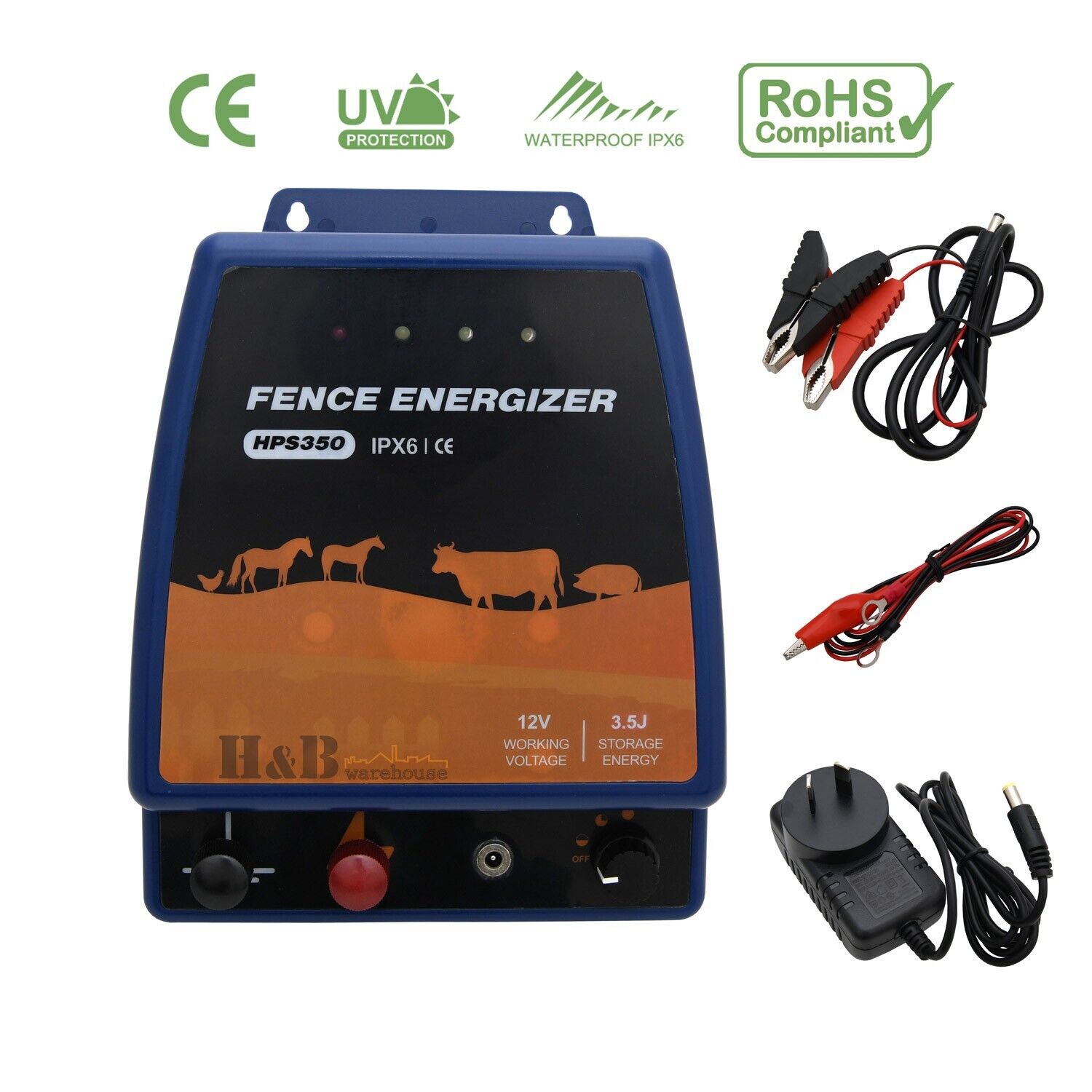 30KM 3.5J Electric Fence Energiser Energizer IPX6 12V Battery 220-240V ...