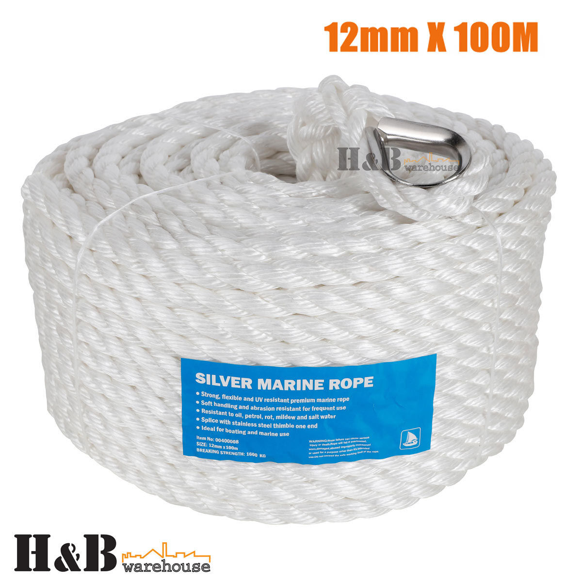 Marin Rope 12mm x 100M Anchor Marine Rope Boat Mooring Line Stainless Steel Thimb ...