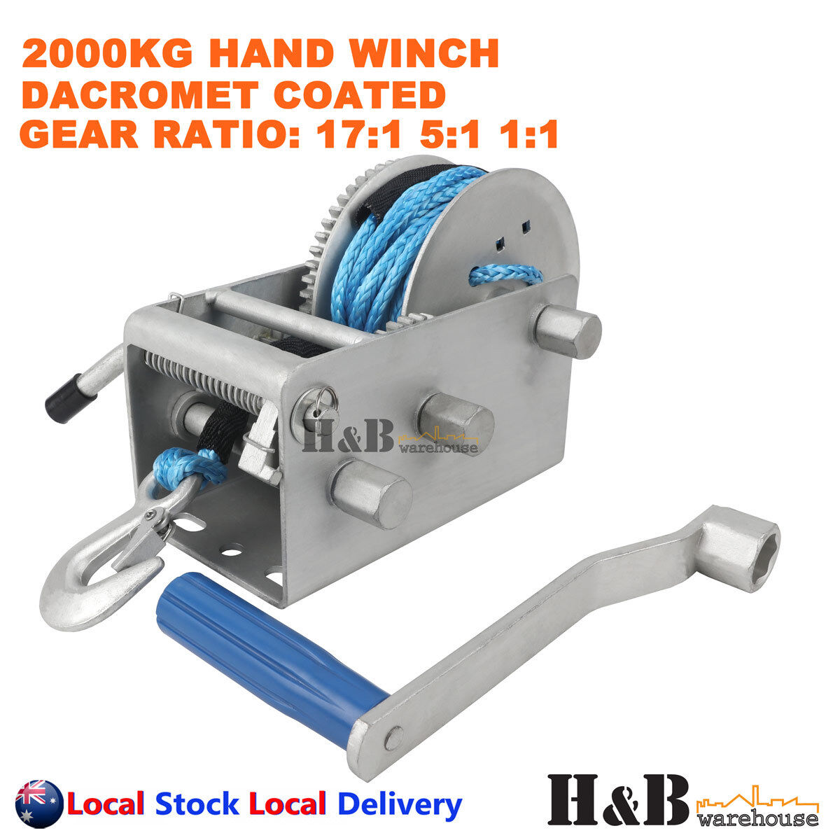 2000KG Hand Winch Dyneema Rope 3 Speed 7mm X 8M Winch Rope Marine Boat