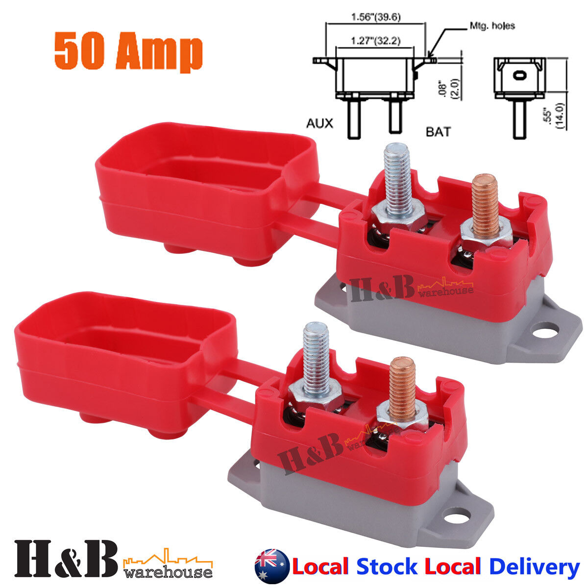 2X50A AMP 12V Circuit Breaker Cover Stud Type Fuse Automatic Auto Rese ...