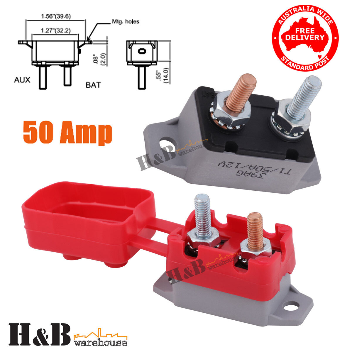 50AMP Circuit Breaker+ Rubber Cover Fuse Reset Stud Type 12V Dual Battery