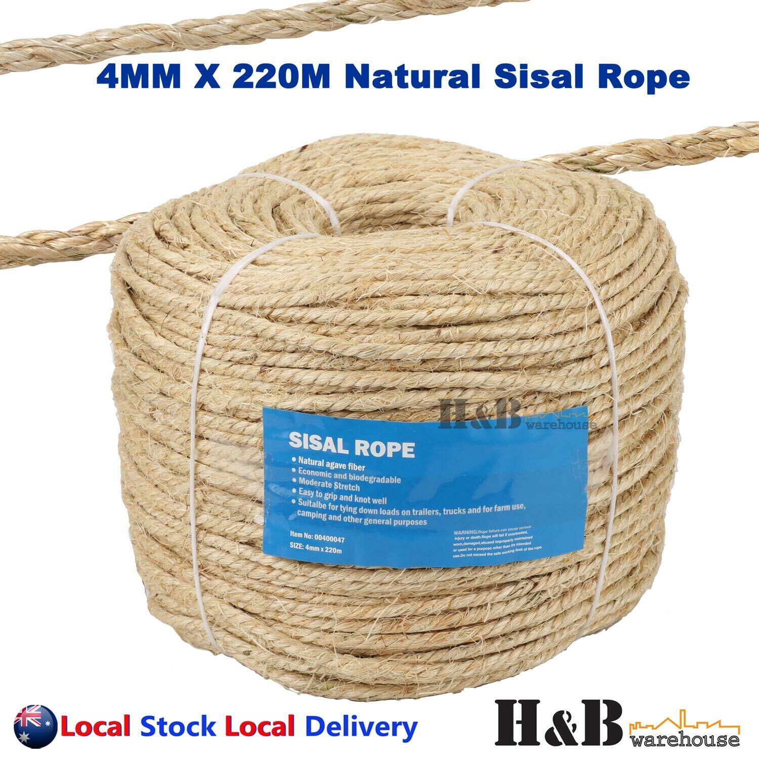 4mm x 220M Sisal Rope Natural Fiber Biodegradable 3 Strands Scratching ...